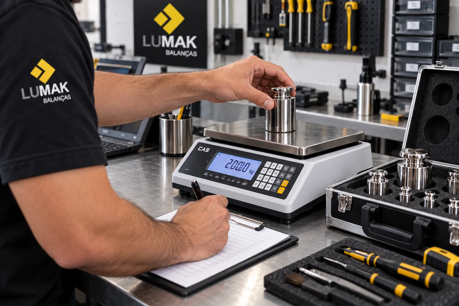 Procedimento técnico de calibração com pesos padrão na oficina Lumak