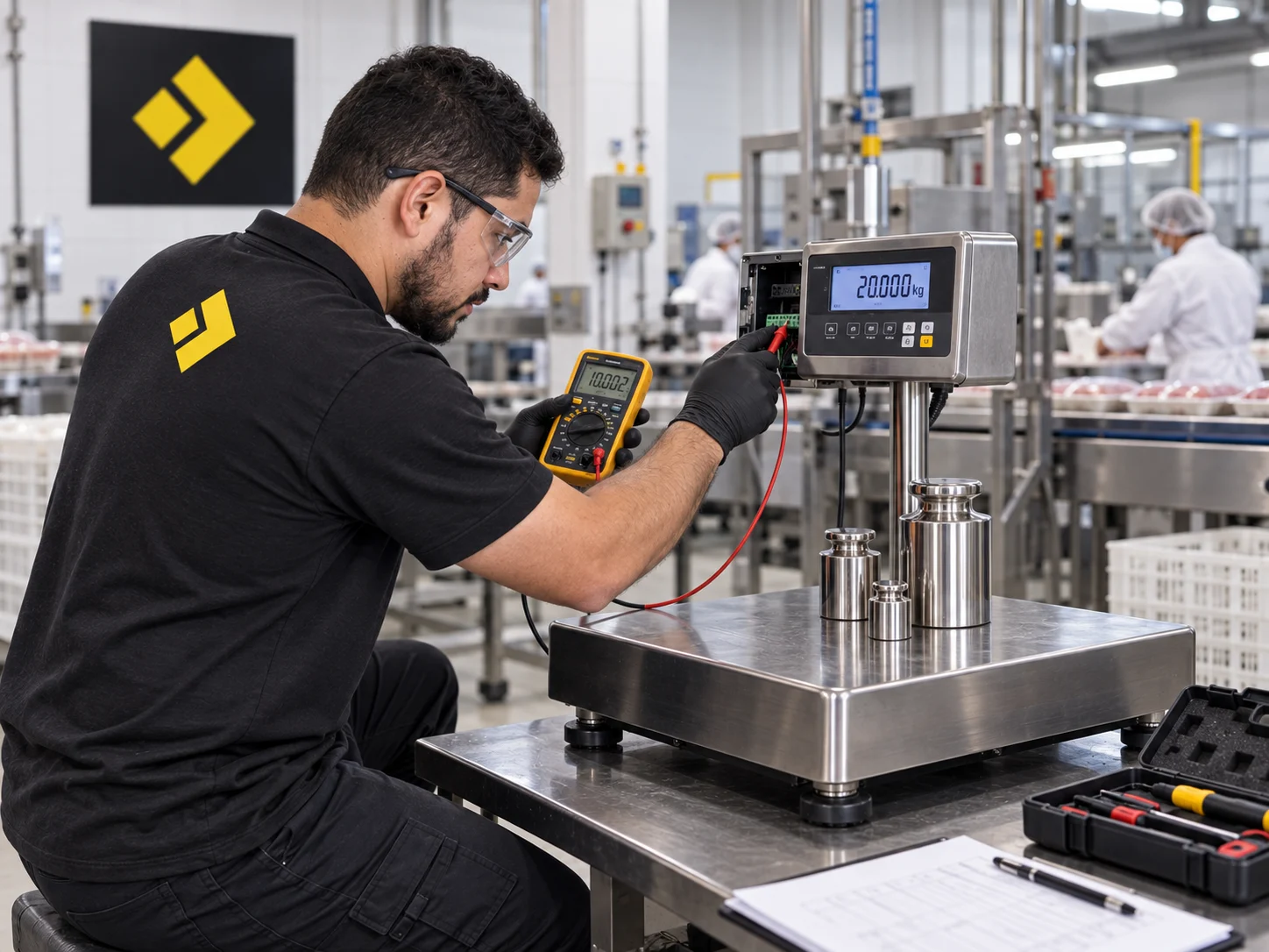 Técnico da Lumak diagnosticando uma balança industrial em campo