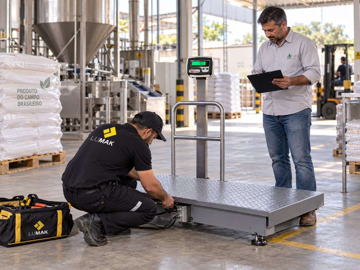 Técnico da Lumak realizando atendimento em balança industrial