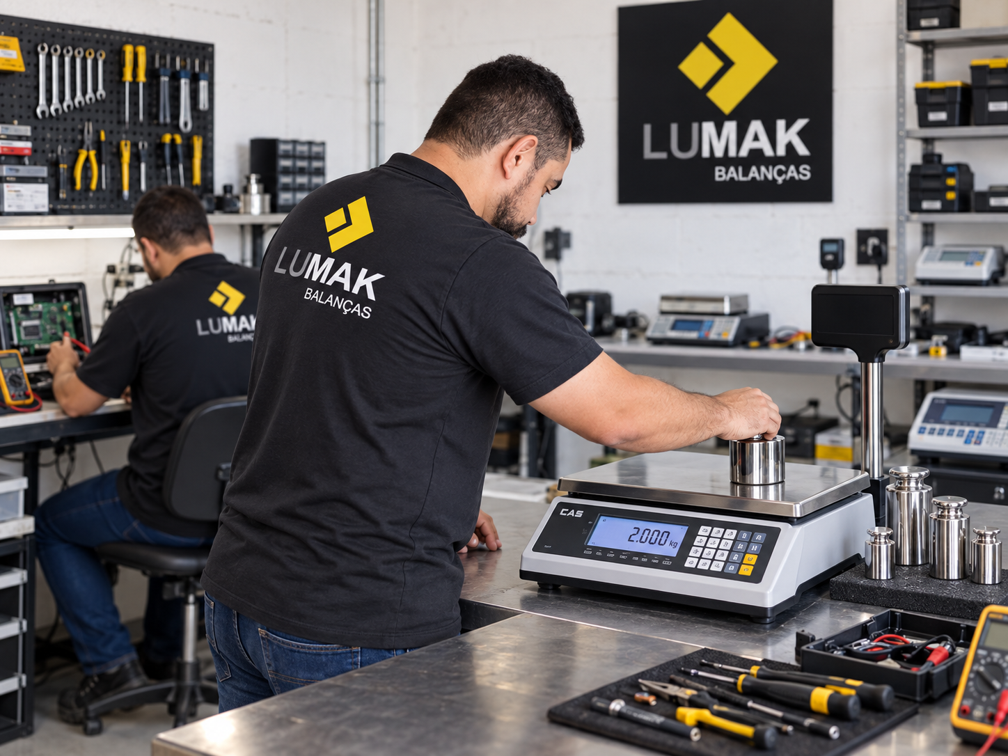 Equipe técnica da Lumak realizando calibração e diagnóstico de balanças