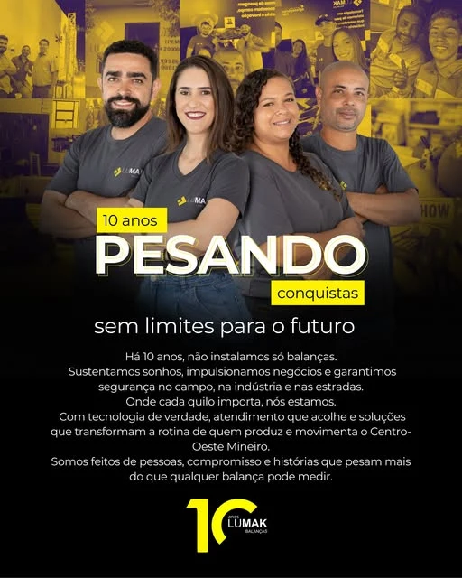 Equipe real da Lumak Balanças em publicação comemorativa de 10 anos